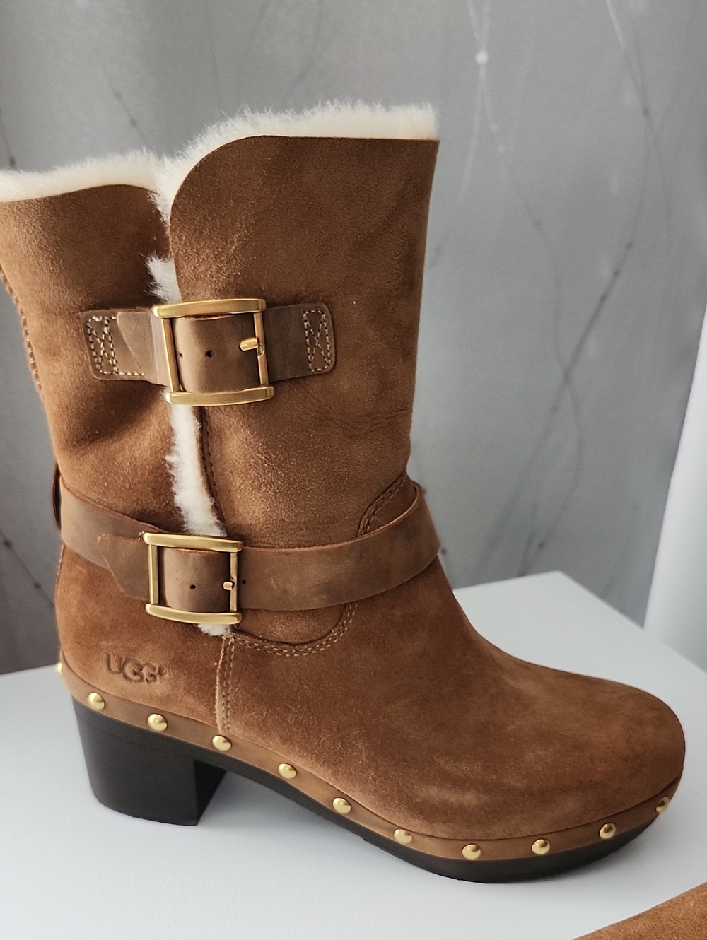 UGG Chestnut Brown Shearling Lined Heeled Boots with Buckles